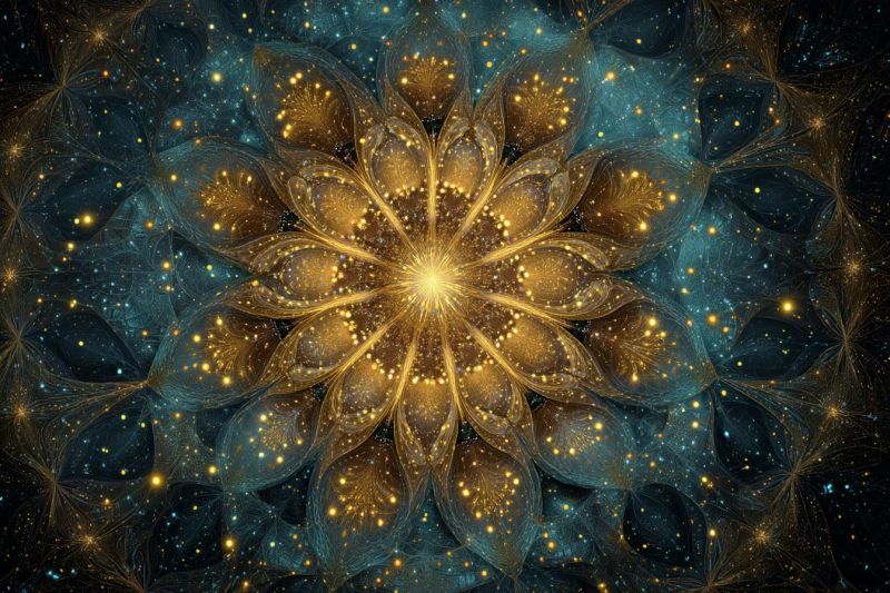Bleu brillant complexe cosmique design fleur fractal galaxie geometrique lumineux dore espace Dessin central de fleur complexe avec un centre doré irradiant vers l'extérieur. Les pétales sont superposés et translucides, avec un mélange de teintes bleues et dorées. Le fond est d'un bleu profond, parsemé de petites étoiles jaunes et blanches lumineuses. L'effet global est éthéré et irréel, avec un sentiment de profondeur et de complexité. Le design est symétrique, avec des motifs répétitifs qui créent un sentiment d'harmonie et d'équilibre.
