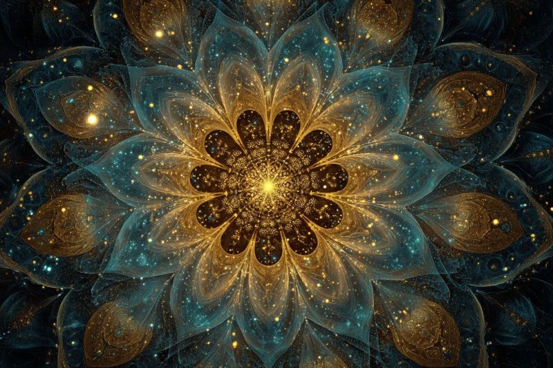Bleu design fleur fractals geometrique dore texture Grand dessin de fleur au centre, entouré d'un motif complexe de pétales et de feuilles qui se chevauchent. La fleur elle-même est composée de plusieurs couches, les pétales les plus extérieurs étant d'un bleu profond qui se fond en un bleu plus clair vers le centre. Les pétales sont ornés de reflets dorés et jaunes, créant un effet scintillant. Le centre de la fleur est d'un brun riche et foncé, avec un noyau jaune vif entouré d'une série de cercles concentriques. Le fond est d'un bleu profond et sombre, avec des points dorés et jaunes dispersés qui ressemblent à des étoiles. L'effet global est celui d'une beauté mystique et d'un autre monde, avec les détails complexes et les couleurs scintillantes créant un sentiment de profondeur et de mouvement.