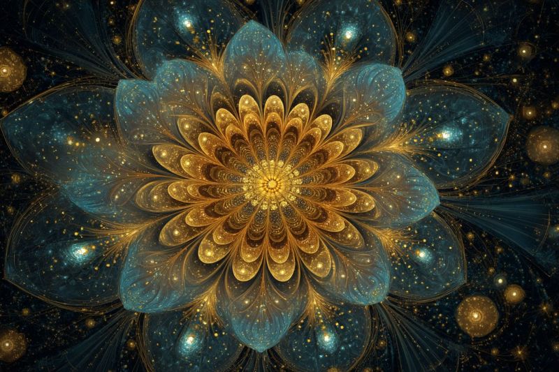 Fleur design geometrique symetrie fractal texture nature espace infinite cosmos univers Fleur large et complexe au centre, composée de pétales superposés et stratifiés qui passent du bleu profond en bordure à un riche jaune doré vers le centre. Les pétales sont ornés de détails délicats et étincelants qui donnent l'impression d'une qualité scintillante, presque éthérée. Le fond est d'un bleu profond et sombre, parsemé de petits orbes dorés brillants qui ressemblent à des étoiles, ajoutant à l'ambiance mystique et surnaturelle de l'oeuvre. La composition globale est très détaillée, avec un sens de profondeur et de mouvement, comme si la fleur flottait dans un vaste espace cosmique
