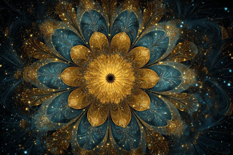 Magnifique bleu brillant complexe design fleur fractal geometrique eclat lumineux etoile texture Grand dessin de fleur complexe au centre, composé de pétales bleu profond et dorés. Les pétales sont superposés et texturés, donnant à la fleur une apparence tridimensionnelle. Le centre de la fleur est sombre, peut-être noir, et entouré d'un anneau doré. Le fond est bleu foncé, orné de petits points dorés et bleus éparpillés qui ressemblent à des étoiles. Le design global est symétrique, avec les pétales de la fleur rayonnant vers l'extérieur dans un motif circulaire. L'image a une qualité mystique et éthérée, avec la fleur apparaissant comme flottant contre le fond sombre.