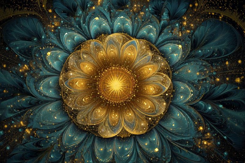 Bleu brillant complexe contemporain design fleur fractal geometrique lumineux dore Grande fleur complexe en son centre, composée de pétales dorés qui rayonnent vers l'extérieur. Les pétales sont superposés et ont un éclat métallique brillant, réfléchissant la lumière d'une manière qui leur donne une apparence scintillante. Le coeur de la fleur est d'un jaune doré vif, entouré d'un dégradé de jaunes plus clairs et plus foncés. Le fond est d'un bleu profond et sombre, orné de plus petits motifs complexes qui ressemblent à des feuilles ou des pétales, ajoutant de la profondeur et de la texture à l'image. Éparpillés dans le fond, on trouve de minuscules points étincelants de couleur or et jaune, améliorant l'effet lumineux global. Toute la composition est encadrée par une bordure de motifs complexes et tourbillonnants qui se fondent harmonieusement dans le fond, créant un sentiment de mouvement et de profondeur