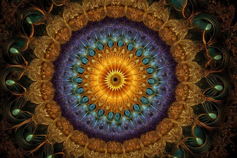 Beautiful blue design flower fractal geometric gold golden green pattern peacock texture circular design with a vibrant, multicolored pattern. At the center, there is a large, golden-yellow sun with rays extending outward. Surrounding the sun is a ring of deep blue and purple hues, adorned with intricate, peacock-like feathers in shades of green and blue. These feathers are interspersed with small, turquoise gems that catch the light. The outer ring of the design is composed of golden, ornate patterns that resemble a combination of floral and geometric shapes. The background is dark, enhancing the vivid colors of the central design.