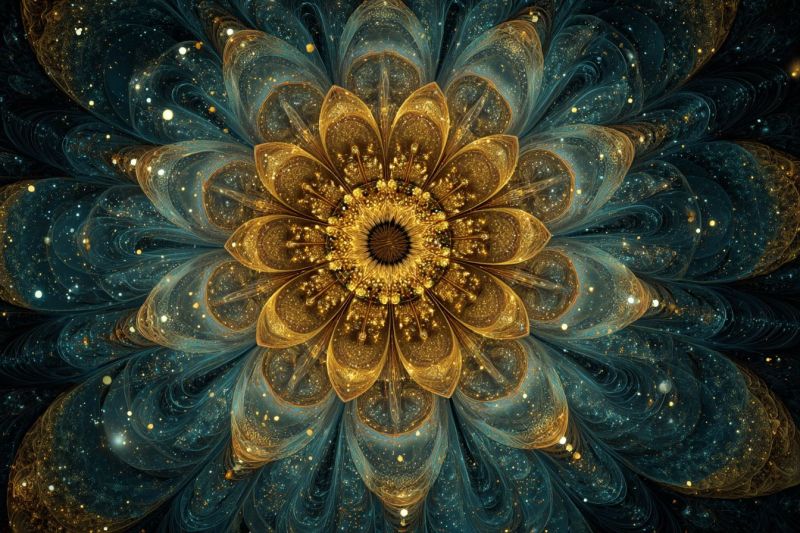 Fleur magnifique bleu lumineux complexe design fractal geometrique eclat dore etoile texture Grande fleur complexe en son centre, composée de pétales dorés et bleu turquoise qui s'enroulent vers l'extérieur dans un motif fascinant. Le coeur de la fleur est d'un brun profond et riche, entouré de cercles concentriques de pétales dorés qui se fondent progressivement dans le fond bleu turquoise. Les pétales sont translucides, permettant aux teintes bleu turquoise et doré de se mélanger harmonieusement. Dispersés dans l'image se trouvent de petits points de lumière étincelants, ajoutant une sensation de profondeur et de mouvement. L'effet global est celui d'une beauté cosmique et éthérée, avec la fleur apparaissant comme flottant dans un vaste espace étoilé