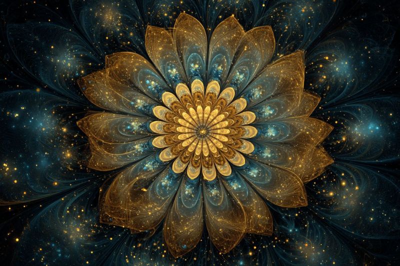 Flower beautiful blue bright colorful complex design elegant fractal geometric glow golden pattern texture yellow large, intricate flower at its center, surrounded by a dark, starry background. The flower is composed of multiple layers of petals, each with a golden hue and a glossy, reflective surface. The petals are arranged in a spiral pattern, creating a sense of depth and movement. The center of the flower is a vibrant yellow, with a few small, golden dots scattered around it. The background is a deep blue, with a few scattered stars and a faint, golden glow. The overall effect is one of elegance and complexity, with a sense of movement and energy.