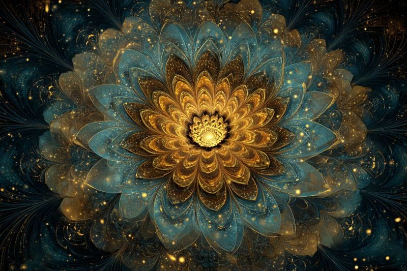 Bleu brillant complexe design fleur fractal geometrique eclat dore ratio spirale triangle Grande fleur complexe au centre, composée de couches superposées de pétales bleus et dorés. Le coeur de la fleur est d'un jaune vif, irradiant vers l'extérieur dans les couches bleues et dorées. Les pétales sont détaillés avec un éclat métallique, leur donnant un aspect brillant et réfléchissant. Autour de la fleur se trouvent des motifs plus petits et complexes qui ressemblent à des feuilles ou des pétales, ajoutant de la profondeur et de la complexité au design. Le fond est sombre, permettant aux couleurs vives de la fleur de ressortir. L'effet global est celui d'une beauté fascinante, presque surnaturelle, avec un sentiment de profondeur et de mouvement