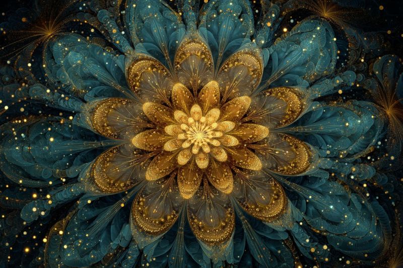 Fleur magnifique bleu lumineux complexe design elegant fractal geometrique eclatant dore texture Grande fleur complexe en son centre, composée de pétales bleu profond et dorés. La fleur a une apparence en couches, presque fractale, avec chaque pétale se chevauchant au suivant, créant un sentiment de profondeur et de complexité. Les pétales sont ornés de reflets dorés et de motifs intriqués qui ressemblent à de la dentelle ou de la broderie. Le fond est sombre, avec des points dorés et bleus éparpillés qui ressemblent à des étoiles, ajoutant à l'atmosphère éthérée et mystique. L'effet global est celui d'une élégance et d'une beauté d'un autre monde, avec la fleur apparaissant presque magique.