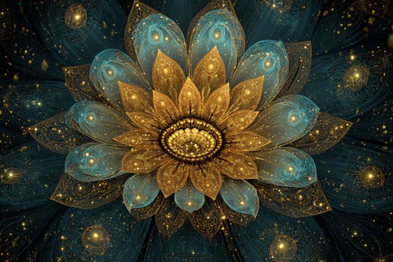 Fleur design geometrique symetrie fractal nature texture ornemental decoratif Grande fleur complexe en son centre, avec un coeur jaune doré entouré de couches de pétales bleus et dorés. Les pétales sont ornés de motifs dorés délicats et de petits points jaunes lumineux qui ressemblent à des étoiles. Le fond est d'un bleu profond, avec des motifs tourbillonnants qui donnent l'impression de mouvement et de profondeur. L'effet global est celui d'une beauté et d'une complexité éthérées, avec la fleur apparaissant comme flottant dans un espace cosmique