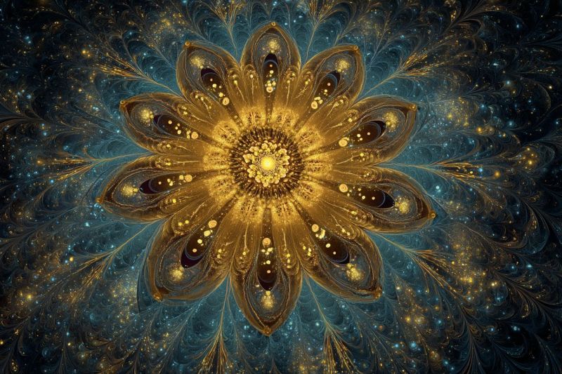 Beautiful blue bright colorful complex design flower fractal geometric glowing gold golden pattern texture yellow large, intricate flower at its center, surrounded by a complex, swirling pattern. The flower has a golden-yellow hue with dark brown and black petals, and its center glows with a bright yellow light. The petals are layered and textured, giving the flower a three-dimensional appearance. The background is a deep blue with a mix of lighter blue and gold hues, creating a starry night effect. The overall design is highly detailed and appears to be a digital artwork, possibly created using fractal or algorithmic techniques.