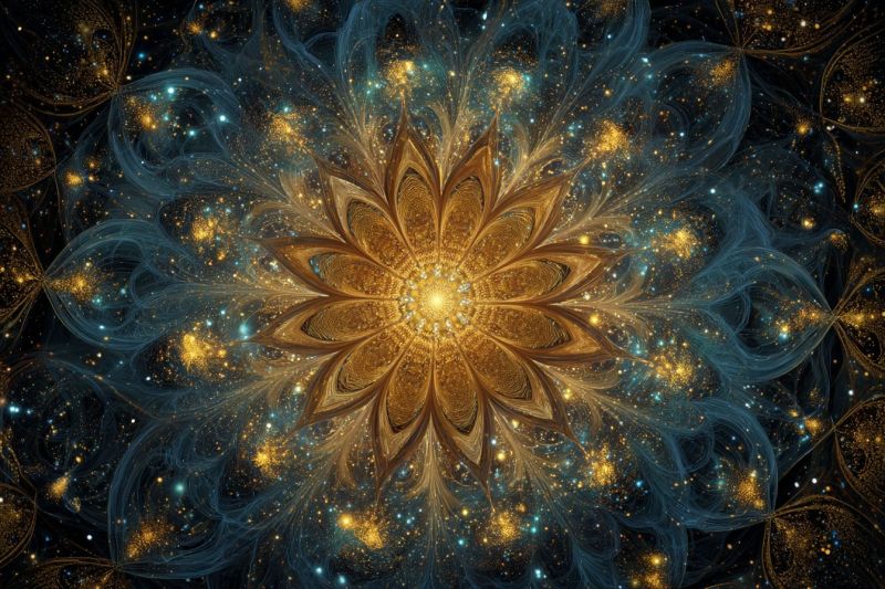 Bleu brillant complexe cosmique cosmos design fleur fractal galaxie geometrique lumineux dore espace Fleur dorée centrale avec des pétales complexes et superposés rayonnant vers l'extérieur. La fleur est entourée d'un motif complexe et tourbillonnant de bleu et d'or, ressemblant à une nébuleuse ou à de la poussière cosmique. Le fond est sombre, avec des étoiles bleues et dorées dispersées, ajoutant au thème céleste. L'effet global est celui de profondeur et de mouvement, avec la fleur apparaissant comme flottant dans une vaste étendue étoilée.