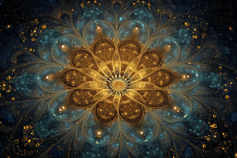 Blue bright colorful complex design flower fractal geometric glowing gold golden pattern petals texture central golden flower with intricate, layered petals that radiate outward. The petals are adorned with a mix of golden and blue hues, creating a shimmering effect. Surrounding the flower are delicate, wavy lines and patterns in shades of blue and gold, giving the impression of a flowing, ethereal substance. The background is a deep blue, dotted with small, glowing golden dots that resemble stars. The overall composition is symmetrical and harmonious, with a sense of depth and movement.