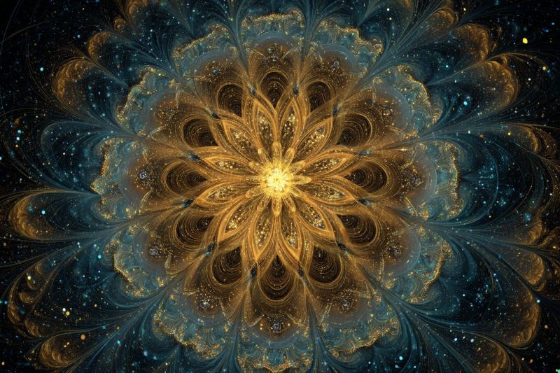 Magnifique bleu complexe design fleur fractals geometrique dore Fleur dorée centrale, complexe avec des pétales tourbillonnants et superposés qui rayonnent vers l'extérieur. La fleur est entourée d'un motif complexe de bleu et d'or, ressemblant à une galaxie ou à une nébuleuse. Le fond est sombre, avec des étoiles bleues et jaunes dispersées, ajoutant de la profondeur et un sentiment d'immensité. Le design global est symétrique, avec la fleur au centre, créant une expérience visuelle fascinante et détaillée.