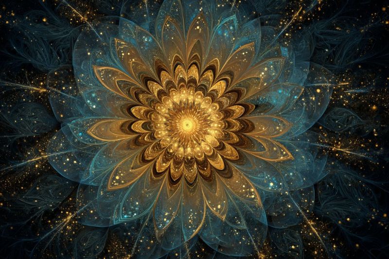 Flower beautiful blue bright design flowers fractal fractals gold golden pattern patterns texture large, intricate flower at its center, composed of multiple layers of petals. The petals are golden and blue, with a gradient effect that transitions from deep blue at the edges to a bright golden center. The flower's core is a bright yellow, surrounded by a series of concentric circles that mimic the petals' layered structure. The background is dark, with scattered golden and blue dots that resemble stars, adding to the mystical and ethereal atmosphere. The overall design is highly detailed, with a sense of depth and complexity that draws the viewer's eye to the central flower.