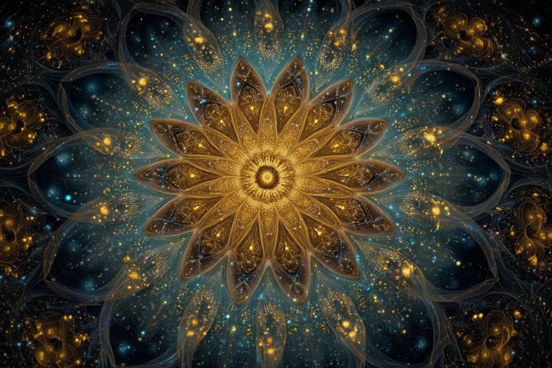 Beautiful blue bright colorful complex cosmic cosmos design flower fractal galaxy geometric glowing golden infinity large, intricate flower at its center, surrounded by a complex, abstract background. The flower is composed of golden petals with a gradient of light to dark, creating a sense of depth. The petals are layered and overlap, giving the flower a three-dimensional appearance. The center of the flower is a bright, glowing yellow, with a small, dark center. The background is a mix of deep blues, purples, and blacks, with scattered golden and yellow dots that resemble stars. The overall effect is one of a cosmic, otherworldly scene, with the flower standing out as a focal point.