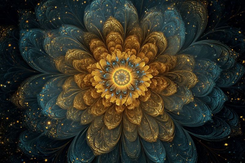 Fleur fractal design geometrique symetrie nature texture etoile espace infinite cosmos galaxie Grande fleur complexe en son centre, composée de multiples couches de pétales. Les pétales sont dorés et bleus, avec une texture métallique et scintillante qui leur donne une apparence tridimensionnelle. Le coeur de la fleur est d'un jaune vif, rayonnant vers l'extérieur en cercles concentriques. Autour de la fleur se trouvent de plus petites formes étoilées dans des nuances de bleu et d'or, dispersées sur le fond sombre. L'effet global est celui d'une floraison fantastique et surnaturelle, avec un sentiment de profondeur et de mouvement créé par les pétales qui se chevauchent et la lumière scintillante
