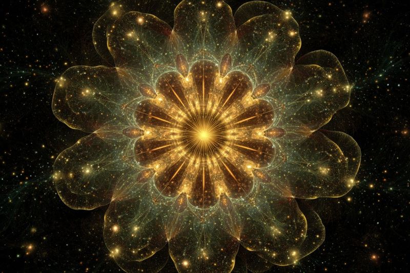 Flower bright colorful cosmos dark design fractal galaxy glow golden nebula space star In the center of the image is a radiant, multi-layered flower with a golden core. The petals are translucent, with shades of green, yellow, and gold, creating a shimmering effect. The flower is surrounded by a dark, starry background, with tiny specks of light scattered throughout, resembling stars. The overall composition is intricate and mesmerizing, with a sense of depth and movement.