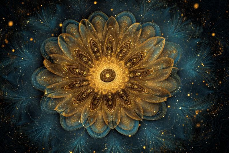 Bleu brillant complexe design fleur fractal geometrique lueur dore etoile texture Grande fleur complexe au centre, composée de pétales dorés et bleus qui s'enroulent vers l'extérieur dans un motif complexe, presque fractal. Le coeur de la fleur est un cercle doré brillant entouré de cercles concentriques de différentes nuances d'or et de bleu. Les pétales sont ornés de motifs complexes qui ressemblent à un mélange de formes géométriques et organiques. Le fond est d'un bleu profond, parsemé de petits points jaunes et dorés qui brillent et ressemblent à des étoiles, créant une atmosphère cosmique ou céleste. L'effet global est celui d'une beauté envoûtante et d'un autre monde, avec la fleur apparaissant comme flottant dans un vaste espace sombre
