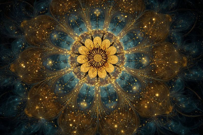 Magnifique bleu brillant cercle complexe design fleur fractal geometrique eclat etoile texture Fleur dorée centrale avec des pétales complexes et rayonnants qui forment un motif circulaire. Autour de cette fleur se trouvent des couches de motifs fractals dorés et bleus qui ressemblent à une galaxie ou à une nébuleuse. Le fond est bleu foncé, avec des lumières dorées et jaunes dispersées qui ajoutent un effet étincelant. Le design global est symétrique et fascinant, avec un sentiment de profondeur et de mouvement.