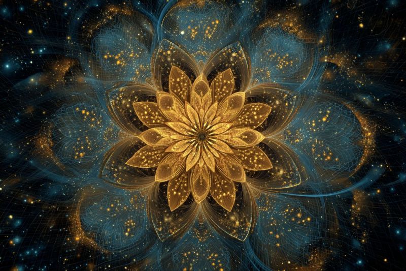 Fleur magnifique bleu lumineux cosmos decoration design galaxie dore papier peint Grande fleur dorée complexe au centre, entourée de motifs bleus et dorés tourbillonnants qui ressemblent à une galaxie ou à une nébuleuse. La fleur a plusieurs couches de pétales, chacune ornée de petits points dorés étincelants qui lui confèrent un aspect radieux, presque éthéré. Le fond est d'un bleu profond, parsemé de minuscules étoiles jaunes et bleues, créant un effet de nuit cosmique et étoilée. La composition globale est très détaillée et symétrique, avec le design de la fleur faisant écho aux motifs du fond, suggérant un univers harmonieux et équilibré.