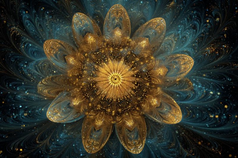 Fleur fractal design geometrique symetrie nature texture espace infinite cosmos univers etoile Grande fleur complexe en son centre, composée de pétales dorés qui rayonnent vers l'extérieur. Les pétales sont détaillés avec un éclat métallique, leur donnant une apparence scintillante, presque holographique. Le coeur de la fleur est d'un jaune vif, entouré d'un dégradé de doré qui s'estompe en teintes plus sombres à mesure qu'il s'éloigne. Le fond est d'un bleu profond, tourbillonnant de motifs qui ressemblent à des galaxies ou des nébuleuses, rempli de minuscules étoiles scintillantes qui ajoutent un sentiment de profondeur et de mouvement. L'effet global est celui d'une beauté cosmique et éthérée, la fleur se détachant comme un point focal au milieu de ce décor céleste