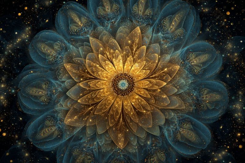 Papillon bleu complexe design fleur fractal geometrique eclat dore rapport section spirale triangle Grande fleur complexe au centre, entourée d'un fond sombre et étoilé. La fleur est composée de plusieurs couches de pétales, les pétales les plus extérieurs étant bleus et les pétales les plus intérieurs étant dorés. Les pétales ont une texture ondulée délicate et sont ornés de motifs complexes qui ressemblent à des papillons. Le centre de la fleur est d'un bleu profond, avec un petit noyau doré circulaire. Le fond est sombre, avec des étoiles dispersées et quelques petits points dorés. L'effet global est celui de la beauté, de la complexité et de l'émerveillement.