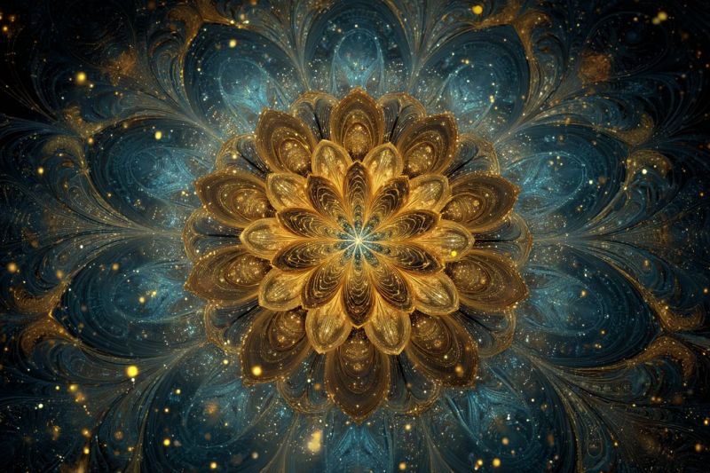 Bleu brillant complexe design fleur fractal geometrique eclat dore etoile texture jaune Grande fleur complexe au centre, entourée par un fond abstrait tourbillonnant. La fleur est composée de multiples couches de pétales dorés, chacun se chevauchant l'un l'autre, créant un sentiment de profondeur et de complexité. Les pétales sont ornés de minuscules points étincelants qui ajoutent une touche d'éclat et de mouvement. Le fond est d'une couleur bleu profond et turquoise, avec des motifs tourbillonnants qui imitent la forme de la fleur. L'effet global est celui d'élégance et de sophistication, avec une pointe de mystère et d'émerveillement.