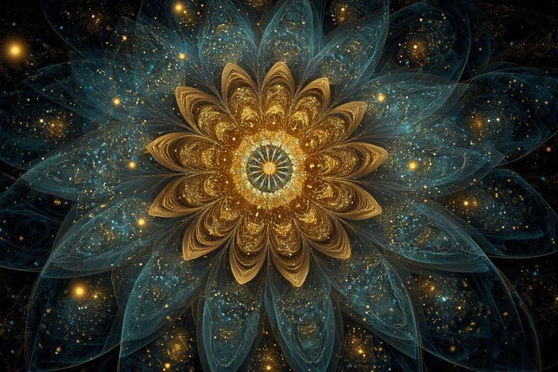 Bleu brillant complexe design fleur fractal geometrique lumineux dore etoile texture Grande fleur complexe avec un centre doré et de multiples couches de pétales. Les pétales sont un mélange de bleu et d'or, avec une surface brillante et réfléchissante. La fleur est entourée par un fond bleu foncé, parsemé de petites étoiles jaunes et dorées qui brillent. L'effet global est celui d'une beauté mystique et surnaturelle, avec la fleur qui semble flotter dans une vaste étendue étoilée.