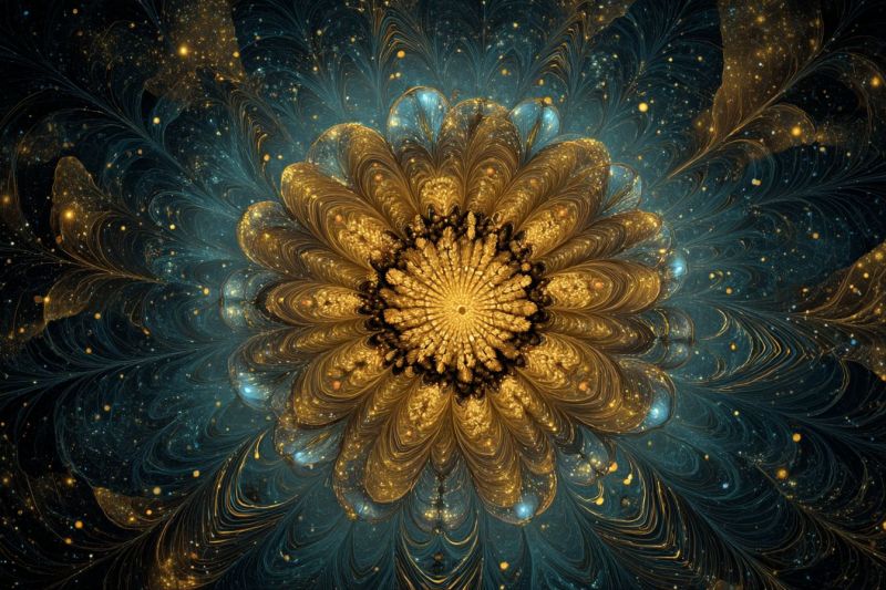 Bleu brillant complexe design fleur fractal geometrique eclat dore petales texture jaune Grande fleur complexe au centre, entourée d'un motif tourbillonnant complexe. La fleur elle-même est composée de multiples couches de pétales, chacune avec une teinte dorée qui se transforme en nuances plus sombres de brun et de noir vers le centre. Les pétales sont ornés de petits points étincelants qui ressemblent à des étoiles, ajoutant une touche céleste au design. Le fond est d'un bleu profond, presque noir, avec un effet de dégradé qui se fond dans les motifs environnants. La composition globale est très détaillée, avec un sens de profondeur et de mouvement, comme si la fleur et ses pétales flottaient dans un espace cosmique.