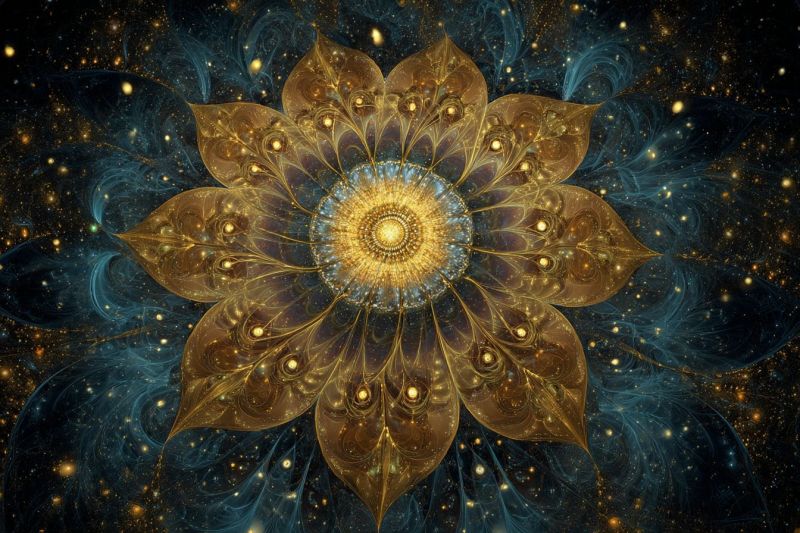 Bleu brillant cercle complexe cosmique cosmos design fleur fractal galaxie geometrique eclat dore Grande fleur complexe au centre, entourée par un fond sombre et étoilé. La fleur a une couleur brun doré avec un centre jaune, et ses pétales sont superposés et détaillés, lui donnant une apparence tridimensionnelle. Les pétales sont ornés de motifs complexes qui ressemblent à des plumes ou des feuilles, ajoutant à la complexité de la fleur. Le fond est d'un bleu profond et noir, parsemé de petites étoiles jaunes et blanches qui brillent, créant un sentiment de profondeur et d'espace. L'effet global est celui d'une beauté mystique et d'un autre monde, avec la fleur se détachant comme un point focal contre le fond sombre et étoilé.