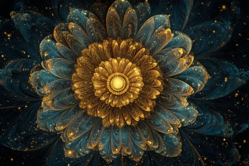 Fleur fractal design geometrique symetrie nature texture espace infinite cosmos galaxie etoile Grande fleur complexe avec un schéma de couleurs bleu foncé et or. La fleur a plusieurs couches de pétales, chacune avec une texture légèrement ondulée. Le centre de la fleur est d'un jaune vif, irradiant vers l'extérieur dans un motif circulaire. Autour de la fleur se trouvent de petits points dorés éparpillés qui ressemblent à des étoiles, ajoutant à l'ambiance mystique et céleste de l'image. Le fond est sombre, mettant en valeur les couleurs vives de la fleur et ses détails.
