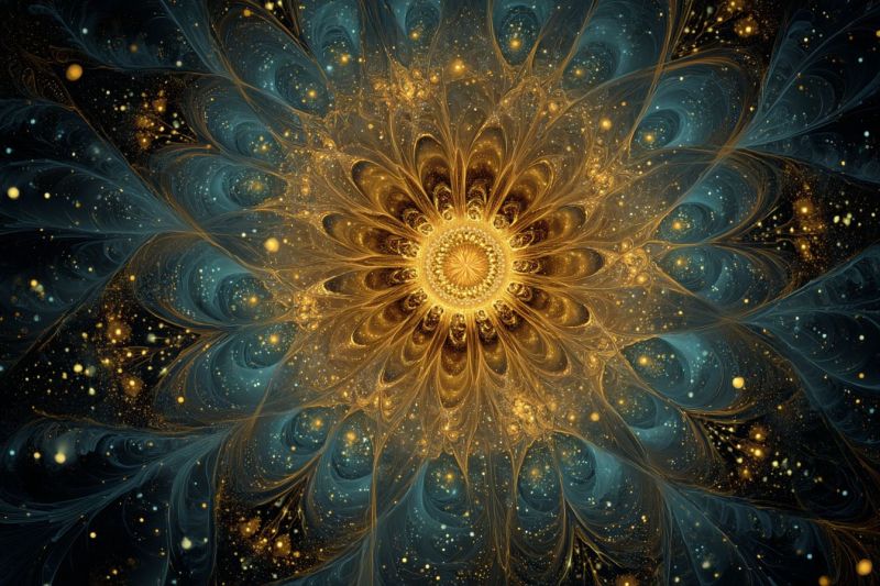 Blue bright colorful complex cosmic design flower fractal geometric glowing gold golden pattern space star central circular design with a golden-yellow core surrounded by intricate, swirling patterns in shades of blue and gold. The core is composed of concentric circles that gradually fade into the surrounding patterns. The outer sections of the design are adorned with delicate, feather-like structures in blue and gold, creating a sense of depth and movement. Scattered throughout the design are small, glowing dots in yellow and gold, adding a touch of sparkle. The background is a deep blue, providing a rich contrast to the vibrant colors of the design.
