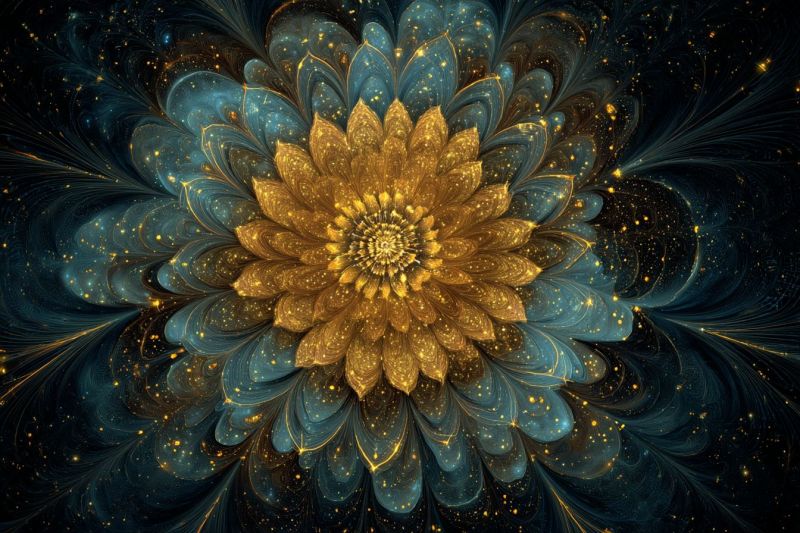 Bleu brillant complexe design fleur fractal geometrique eclat dore petales texture jaune Grande fleur complexe en son centre, composée de pétales bleu profond et dorés. Les pétales sont superposés et texturés, donnant à la fleur une apparence tridimensionnelle. Le coeur de la fleur est un cercle doré radieux, entouré de plus petits points dorés qui ressemblent à des étoiles. Le fond est bleu foncé, avec des points dorés et jaunes dispersés qui ajoutent un effet étincelant. Le design global est très détaillé et symétrique, avec un sens de profondeur et de mouvement