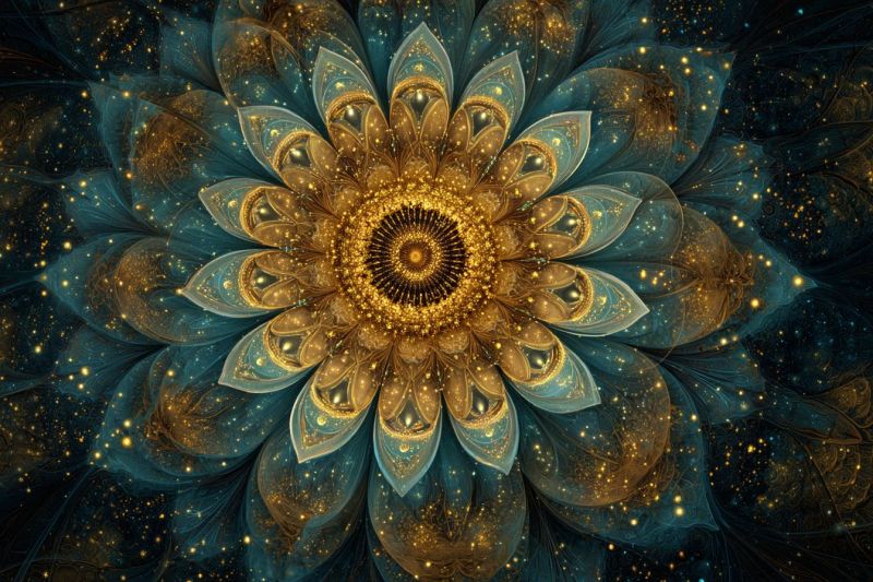 Fleur magnifique bleu lumineux complexe design fractal geometrique eclat dore etoile texture Fleur large et complexe au centre, entourée d'un design multicouche complexe. La fleur elle-même est composée de pétales dorés et bleu turquoise, avec un centre doré qui s'enroule vers l'extérieur en une série de cercles concentriques. Les pétales sont détaillés avec un mélange de surfaces lisses et texturées, donnant à la fleur une apparence riche et stratifiée. Le fond est d'un bleu profond, parsemé de petits points jaunes et dorés qui brillent et ressemblent à des étoiles, ajoutant à l'ambiance céleste de l'image. Le design global est très détaillé, avec un sentiment de profondeur et de mouvement, comme si la fleur flottait dans un vaste espace étoilé.
