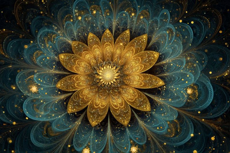 Flower beautiful blue bright colorful complex design fractal geometric gold golden ratio section spiral large, intricate flower at its center, composed of golden petals that radiate outwards. The petals are detailed with a metallic sheen, giving them a shimmering appearance. Surrounding the flower are swirling, teal and blue patterns that mimic the petals' shape, creating a sense of movement and depth. Scattered throughout the image are small, golden dots that resemble stars, adding a touch of sparkle. The background is a deep, dark blue, which contrasts with the bright colors of the flower and its surrounding patterns, making the central flower stand out prominently.