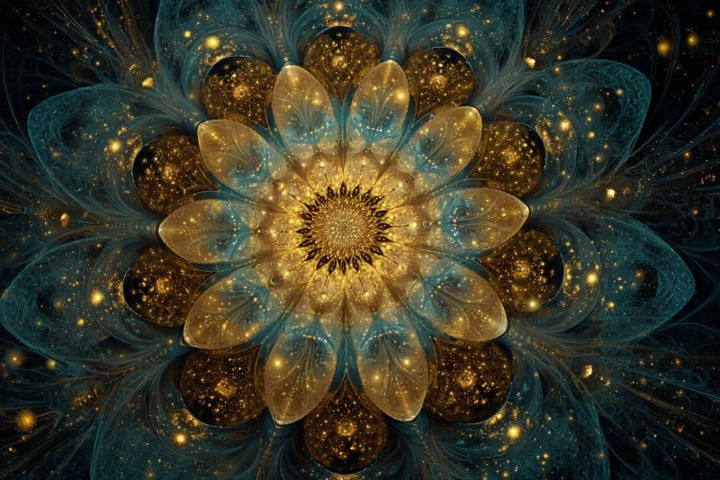 Fleur design geometrique etoile espace galaxie univers cosmos infinite fractal symetrie texture Un grand et complexe motif de fleur au centre, entouré d'un fond sombre et étoilé. La fleur est composée de multiples couches de pétales, les pétales les plus extérieurs étant d'un bleu profond et les pétales les plus intérieurs d'un or chaud. Les pétales sont disposés en un motif en spirale, créant un sentiment de profondeur et de mouvement. Le centre de la fleur est un cercle doré brillant, entouré de plus petits points dorés qui ressemblent à des étoiles. Le fond est d'un bleu profond et sombre, avec des étoiles dorées dispersées qui ajoutent au sentiment global de merveille et de mystère. L'effet global est celui de la beauté, de la complexité et de l'intrigue.