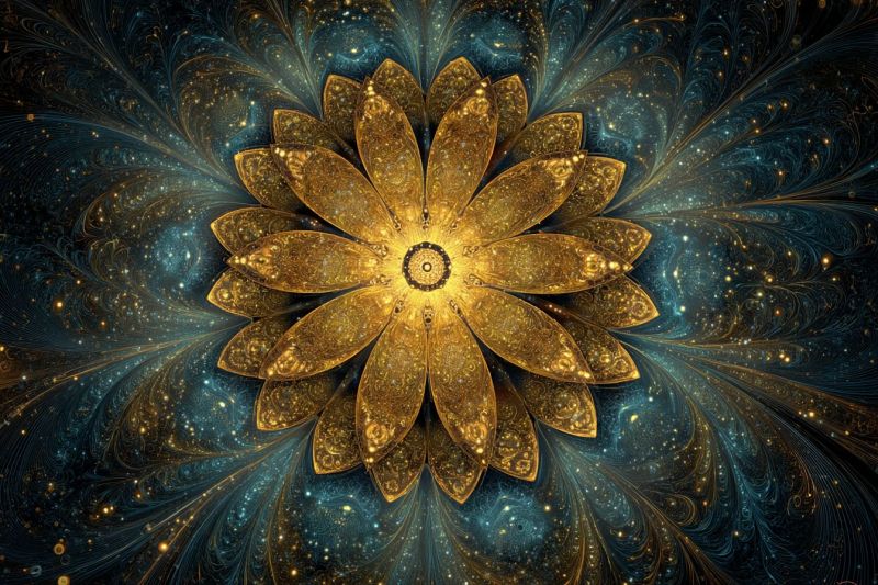 Flower design pattern colorful geometric symmetry fractal texture space infinity large, intricate golden flower at its center, surrounded by swirling, abstract patterns in shades of blue and gold. The flower has multiple layers of petals, each one detailed with a metallic sheen that catches the light, creating a sparkling effect. The background is a deep blue with swirling, fractal-like patterns that seem to move and blend into each other, giving a sense of depth and movement. Scattered throughout the background are small, glowing dots that add to the mystical and ethereal quality of the image. The overall composition is symmetrical, with the flower and patterns radiating outwards, creating a sense of harmony and balance.