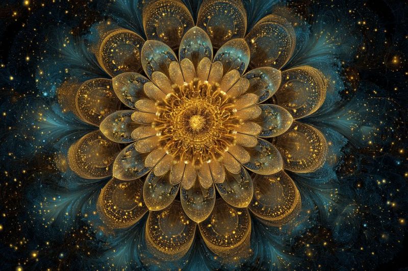 Fleur magnifique bleu lumineux complexe design elegant fractal geometrique eclatant dore etoile texture Grande fleur complexe au centre, composée de pétales dorés et bleus qui se chevauchent et s'entremêlent dans un motif complexe, presque fractal. Le coeur de la fleur est d'un jaune doré brillant, irradiant vers l'extérieur en couches de or et bleu plus foncé. Autour de la fleur se trouvent de nombreuses petites lumières scintillantes qui ressemblent à des étoiles, dispersées sur un fond bleu foncé. L'effet global est celui de profondeur et de mouvement, avec la fleur apparaissant comme flottant dans un espace cosmique rempli de lumières scintillantes