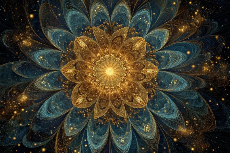 Magnifique bleu brillant complexe design fleur fractal geometrique eclat dore petales texture jaune Grande fleur complexe au centre, composée de pétales superposés et superposés dans des nuances de bleu, or et jaune. Les pétales sont texturés et semblent être faits d'un matériau métallique, réfléchissant la lumière d'une manière qui crée un effet chatoyant. La fleur est entourée d'un arrière-plan sombre, possiblement noir, qui contraste avec les couleurs vives de la fleur. Les pétales sont disposés en un motif en spirale, avec les pétales les plus externes les plus grands et les plus internes plus petits et plus étroitement serrés. Le centre de la fleur est d'un jaune vif, avec une petite source lumineuse de forme circulaire. L'effet global est celui d'un objet complexe et tridimensionnel à la fois beau et d'un autre monde.