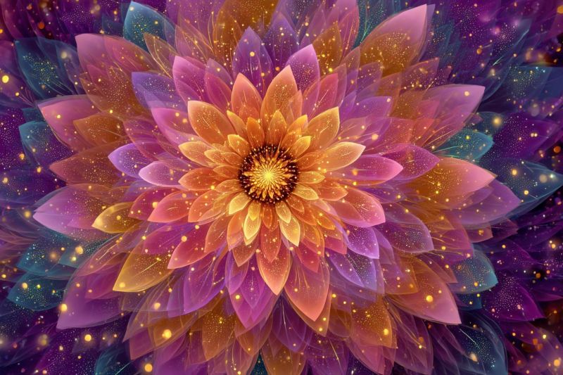 Fleur floral design petale etincelle paillette eclat texture nature fantaisie reveur magique Fleur vibrante et multicouche avec un coeur central de teintes jaunes et orange. Autour de ce coeur se trouvent des couches de pétales dans des nuances de rose, de violet et de bleu, chacun avec un aspect brillant, presque translucide. Les pétales sont disposés en un motif circulaire, créant un sentiment de profondeur et de mouvement. Le fond est un dégradé de violet profond et de bleu, parsemé de petites lumières scintillantes qui ressemblent à des étoiles ou à de minuscules galaxies. L'effet global est celui d'une floraison magique et d'un autre monde, avec un sentiment de beauté éthérée et de merveille cosmique