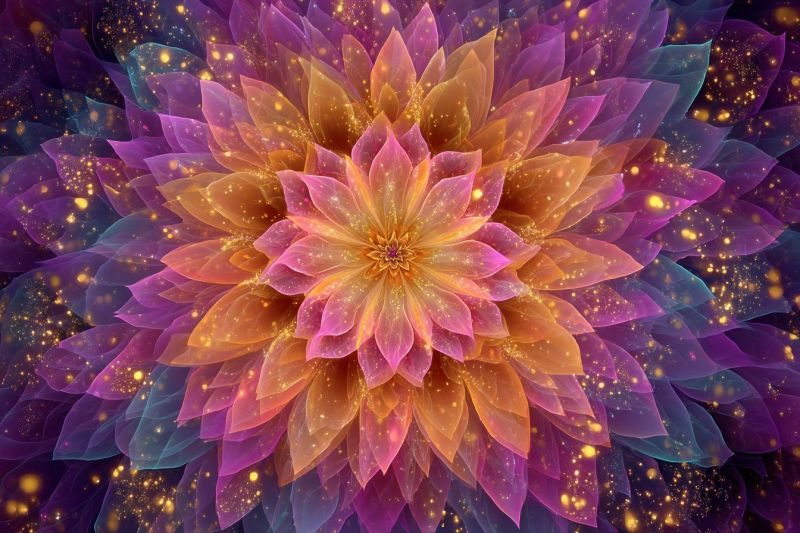 Fleur floral design petales etincelle paillettes eclat geometrique symetrie nature fantaisie Grande fleur vibrante au centre, composée de multiples couches de pétales. Les pétales sont translucides, avec des nuances de rose, d'orange et de jaune rayonnant du centre. Le coeur de la fleur est d'un jaune doré brillant, entouré d'un dégradé de couleurs qui se fondent harmonieusement les unes dans les autres. Les pétales sont disposés en un motif circulaire, certains se chevauchant et d'autres légèrement recourbés. Le fond est d'un violet profond, parsemé de petites lumières scintillantes qui ressemblent à des étoiles ou à de minuscules sphères lumineuses. L'effet global est celui d'une floraison magique et éthérée, éclatant d'une lumière intérieure sur un fond sombre et étoilé