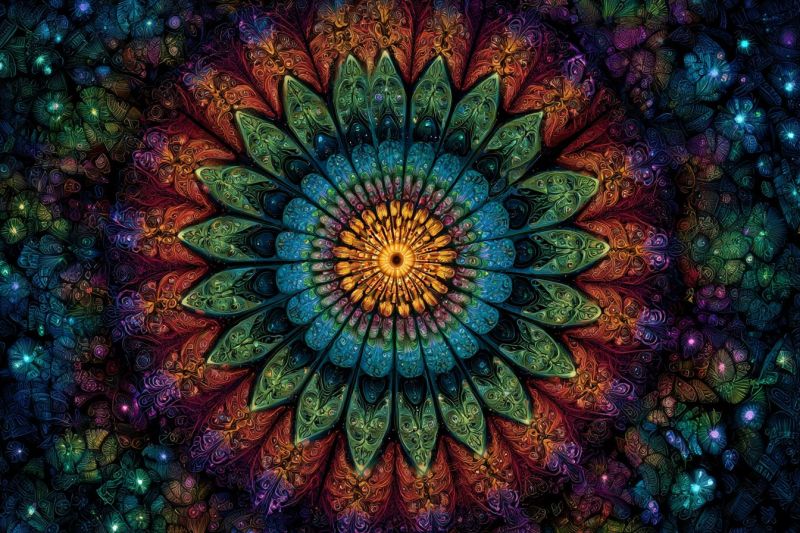 Fleur design floral geometrique symetrie fractal nature texture ornemental complexe oeuvre Un design floral vibrant et complexe avec un motif circulaire central. La fleur est composée de multiples couches de pétales, chacun avec un dégradé de couleur unique. Les pétales sont ornés de motifs tourbillonnants détaillés qui ressemblent à de la dentelle ou de la broderie. La partie centrale de la fleur est d'un jaune vif, passant à des nuances d'orange, de rouge et de violet en s'éloignant du centre. Autour de la fleur centrale se trouvent des fleurs plus petites, au motif similaire, dans diverses couleurs, y compris des bleus, verts et roses. Le fond est d'un violet profond et sombre, offrant un contraste saisissant avec la fleur colorée. L'effet global est celui de la complexité et de la beauté, avec un sentiment de profondeur et de mouvement créé par les pétales qui se chevauchent et les motifs complexes.