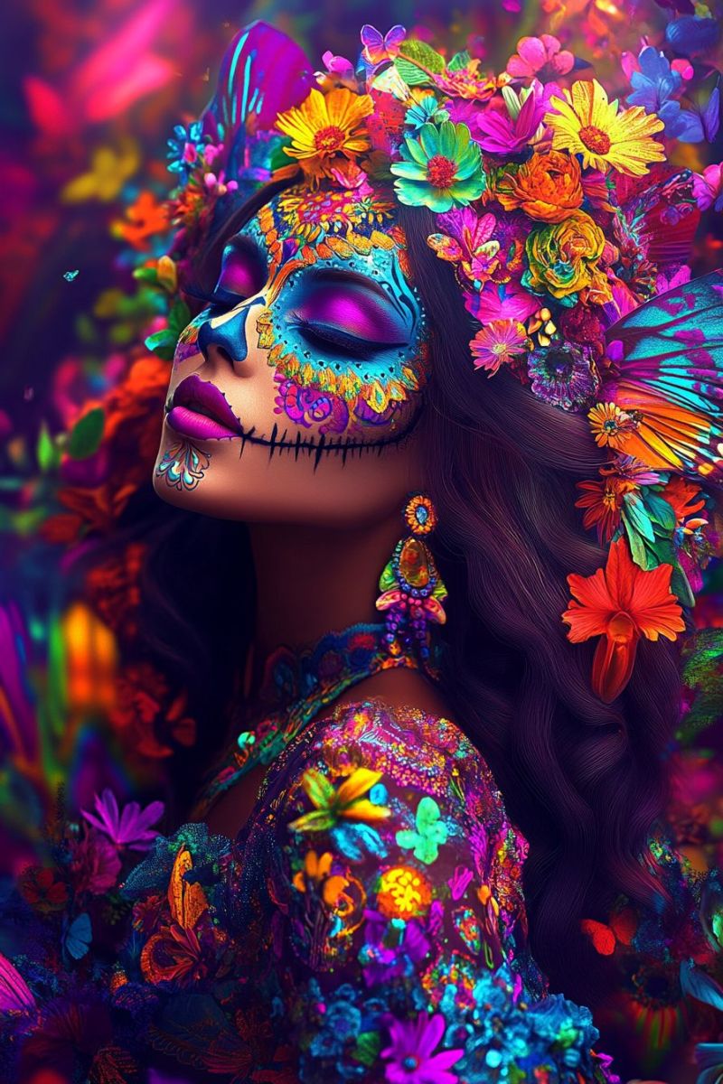 Woman flowers butterflies makeup costume fantasy colorful beauty decoration jewelry hair dress eye lips nose earrings A woman with long, wavy hair adorned with vibrant flowers and butterflies is the focal point of the image. Her face is painted in a colorful skull design, with bright blue and purple hues on her cheeks and forehead, and intricate floral patterns around her eyes. Her lips are painted in a bold pink color, and she has a butterfly perched on her shoulder. The background is a blur of colorful flowers and butterflies, creating a dreamy and surreal atmosphere.