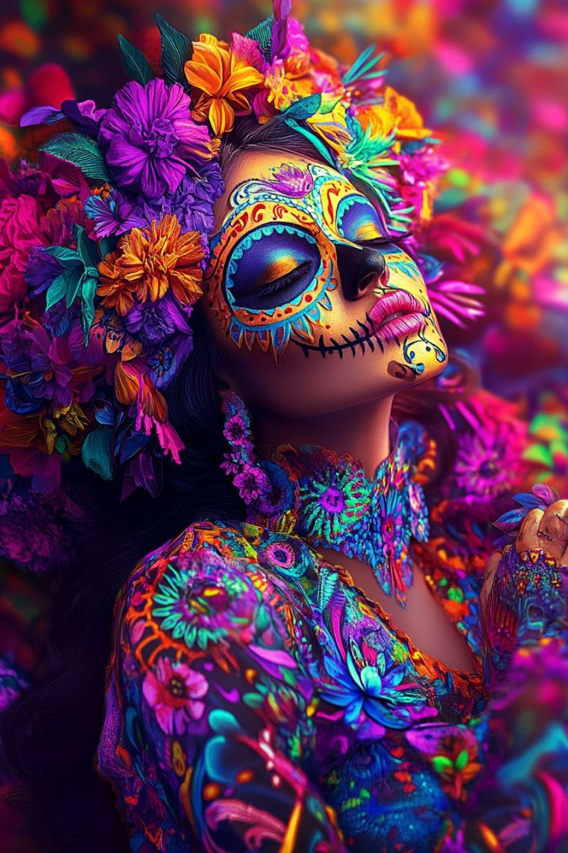 Woman flowers makeup costume colorful beauty fashion jewelry accessories hair lips necklace earrings dress floral pattern paint eye A woman with long, wavy hair is adorned with vibrant, colorful body paint and flowers. Her face is painted in a skull design with intricate patterns, including blue and yellow hues. She wears a colorful, patterned dress with a mix of floral and abstract designs. Her eyes are heavily lined with makeup, and she has bold, pink lips. She is surrounded by a background of colorful, blurred flowers and leaves, creating a festive and artistic atmosphere.