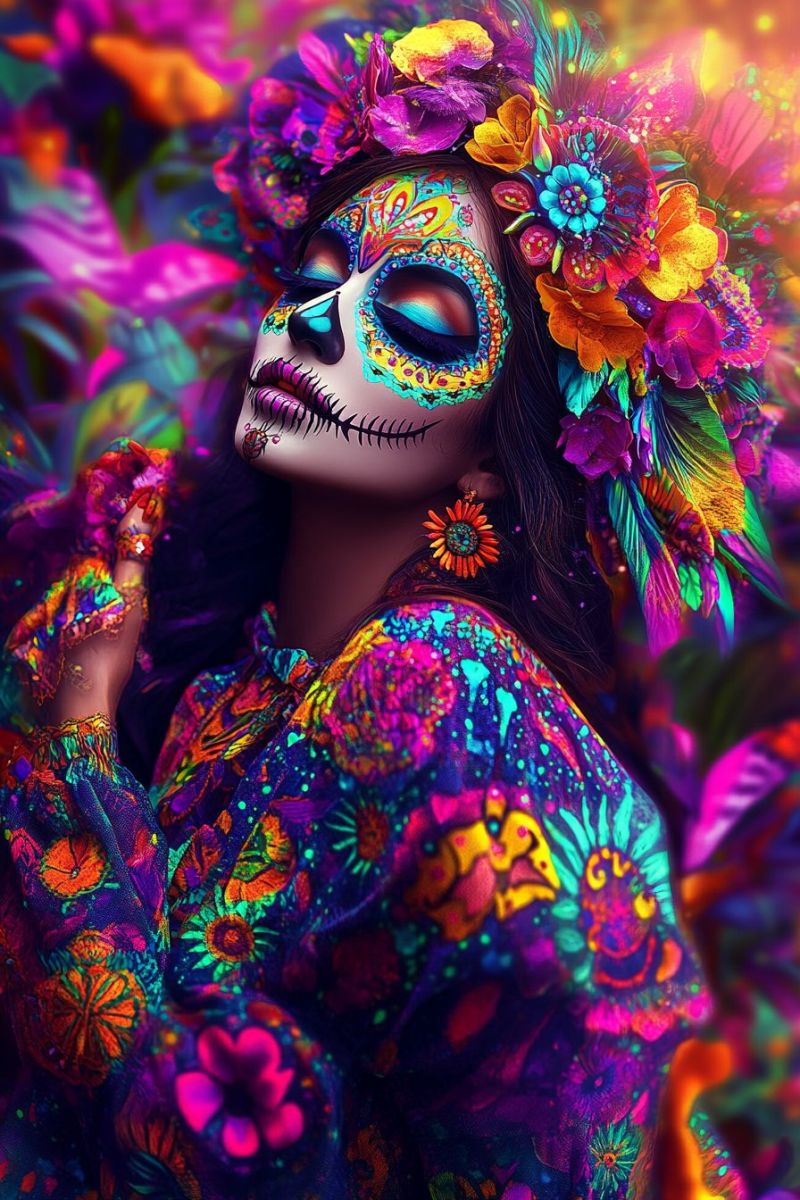 Woman skull flowers costume makeup colorful fantasy creative beauty fashion decorative design pattern imagination paint A woman is dressed in a vibrant, multicolored outfit adorned with intricate floral patterns. Her face is painted in a traditional sugar skull style, featuring bright blue and green eyes, a black nose, and a colorful skull design. She wears a headpiece made of bright, multicolored flowers and feathers. Her hair is styled with additional colorful flowers and feathers, blending seamlessly with the background. The background is a blur of vivid colors, including purples, pinks, and yellows, creating a festive and celebratory atmosphere.