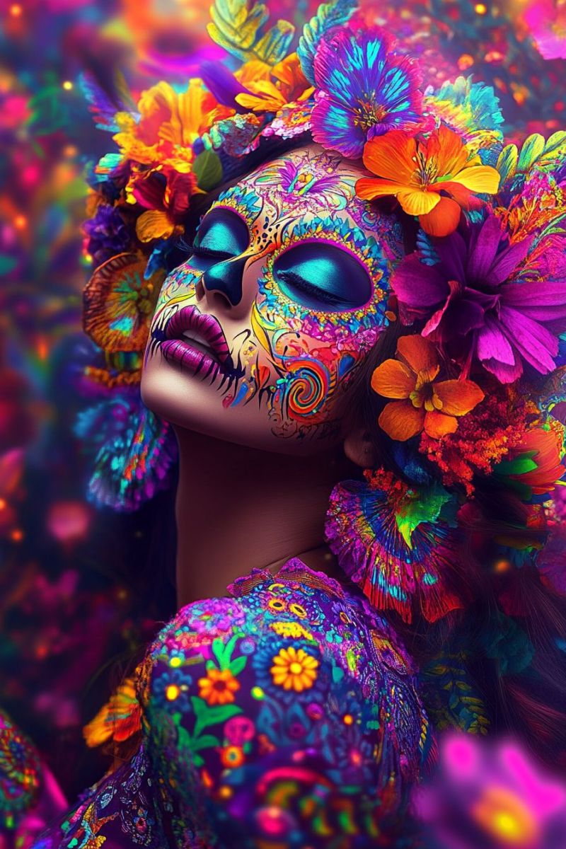 Woman flowers colorful makeup beauty fashion design fantasy creative unique imagination expression A woman with her face painted in vibrant, colorful designs, resembling a sugar skull, is adorned with a crown of bright, multicolored flowers. Her eyes are painted blue, and her lips are pink. She wears a colorful, patterned dress that matches the flowers on her head. The background is a blur of vivid colors, suggesting a festive or celebratory atmosphere.