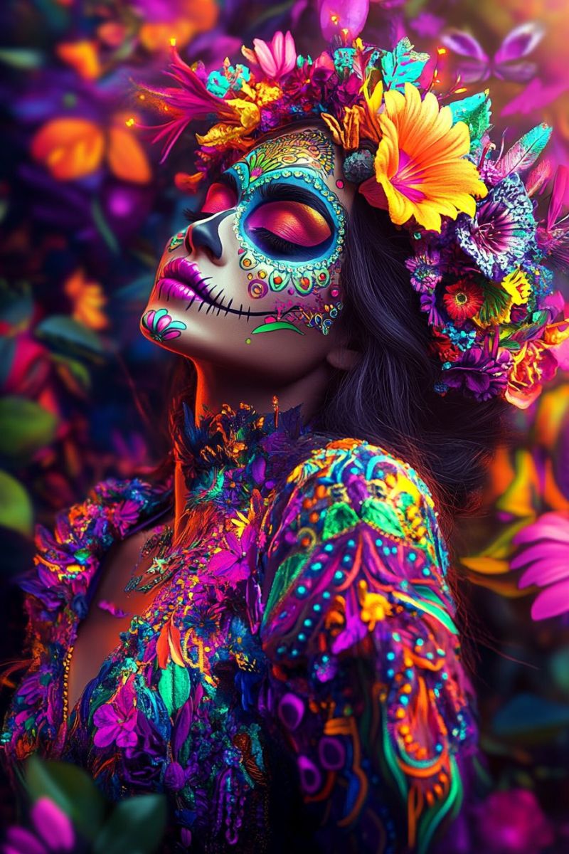 Woman flowers makeup costume dress hair head neck necklace necklaces necktie neckties pattern skull skullcap skulls smile A woman with long dark hair is adorned with vibrant, colorful body paint and a floral headdress. Her face is painted in a traditional skull style with intricate designs, including bright pink and blue colors. She wears a colorful, patterned dress with feathers and flowers, blending traditional and modern elements. The background is a blur of colorful flowers and leaves, creating a festive and lively atmosphere.