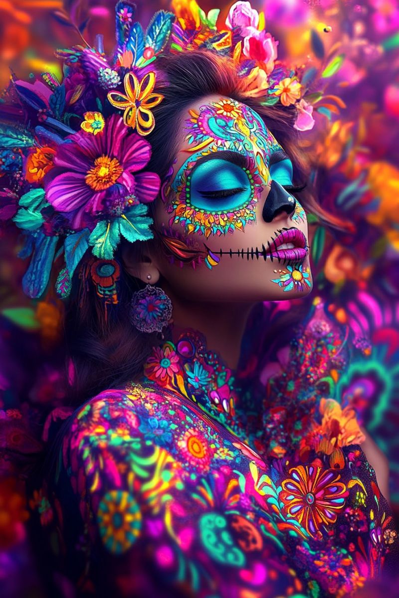 Woman flowers colorful makeup beauty fashion design painting creative fantasy imagination unique A woman with her face painted in vibrant colors, resembling a Day of the Dead skull design. Her face is adorned with bright blue eyes, pink lips, and intricate floral patterns. She wears a colorful floral headdress with feathers and flowers, and her body is covered in a similar floral body paint. The background is a blur of vibrant colors, including purples, pinks, and greens, with additional flowers and leaves.