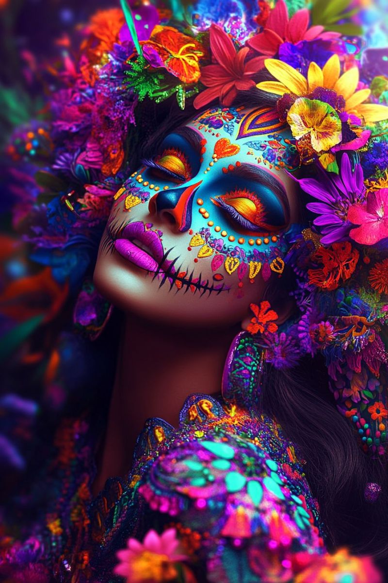 Woman flowers makeup colorful beauty lips eyeshadow eyeliner eyebrows hair headband costume festival celebration creativity paint eye A woman with her eyes closed, adorned with vibrant face paint in a Day of the Dead style, featuring intricate designs and bright colors. Her face is surrounded by a colorful floral crown, with flowers in shades of pink, purple, yellow, and green. Her lips are painted in a deep purple hue, and her hair is long and dark. She wears a colorful, patterned dress with a mix of bright and dark colors, and her overall appearance is festive and celebratory.