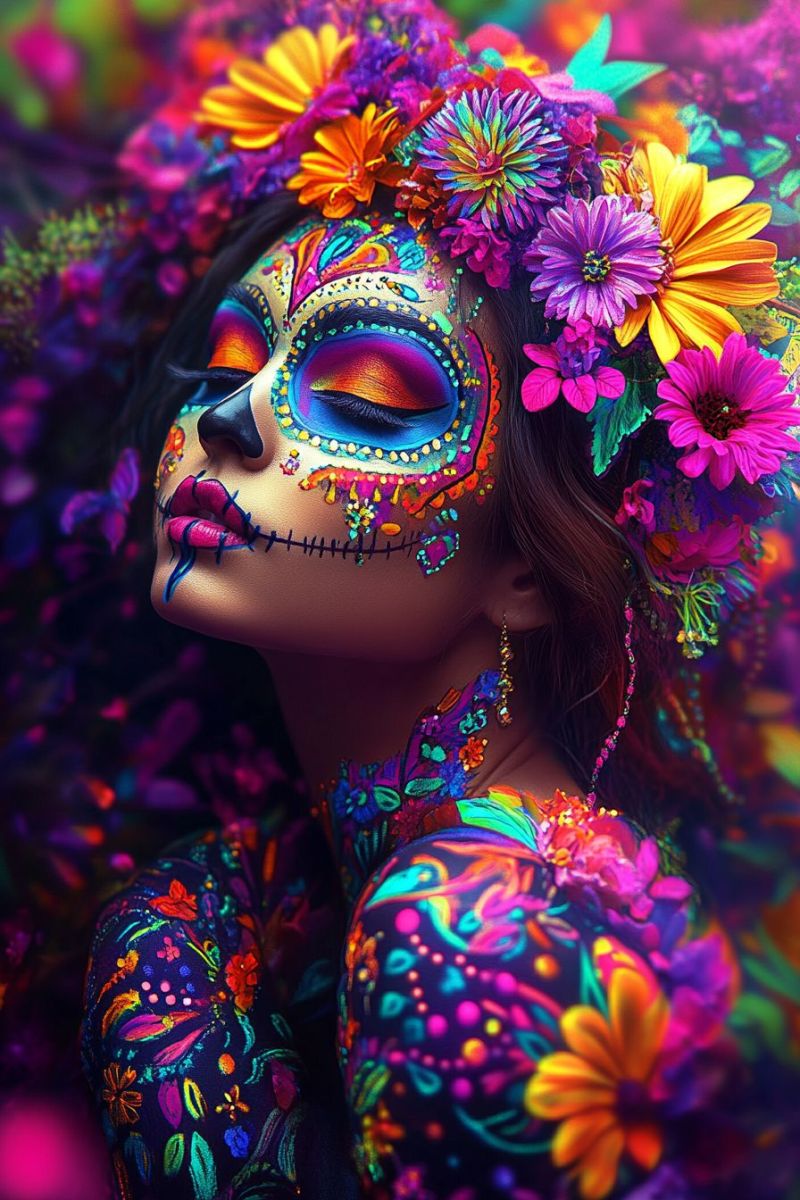 Skull flowers makeup colorful beauty fashion creative design trend pattern decorative fantasy imagination expression paint A woman with her face and body painted in vibrant, colorful designs, including flowers, butterflies, and other patterns. She has a flower crown on her head and her face is painted with a skull design, including blue and pink eyes, red lips, and a nose. The background is a mix of purple and pink colors with more flowers and leaves.