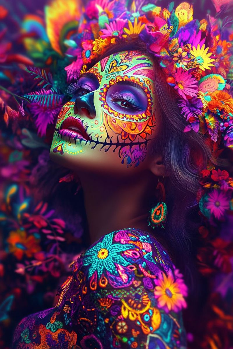 Skull flowers makeup colorful beauty fashion design pattern eyeshadow lipstick accessories earrings hair hairstyle paint eye A woman with long, wavy hair is adorned with vibrant, colorful body paint and flowers. Her face is painted with intricate designs, including a skull motif, and she wears a floral crown. Her eyes are highlighted with purple eyeshadow, and her lips are painted in a bright pink color. She wears large, colorful earrings and a dress covered in colorful patterns. The background is a mix of purple and pink hues, with more flowers and leaves.