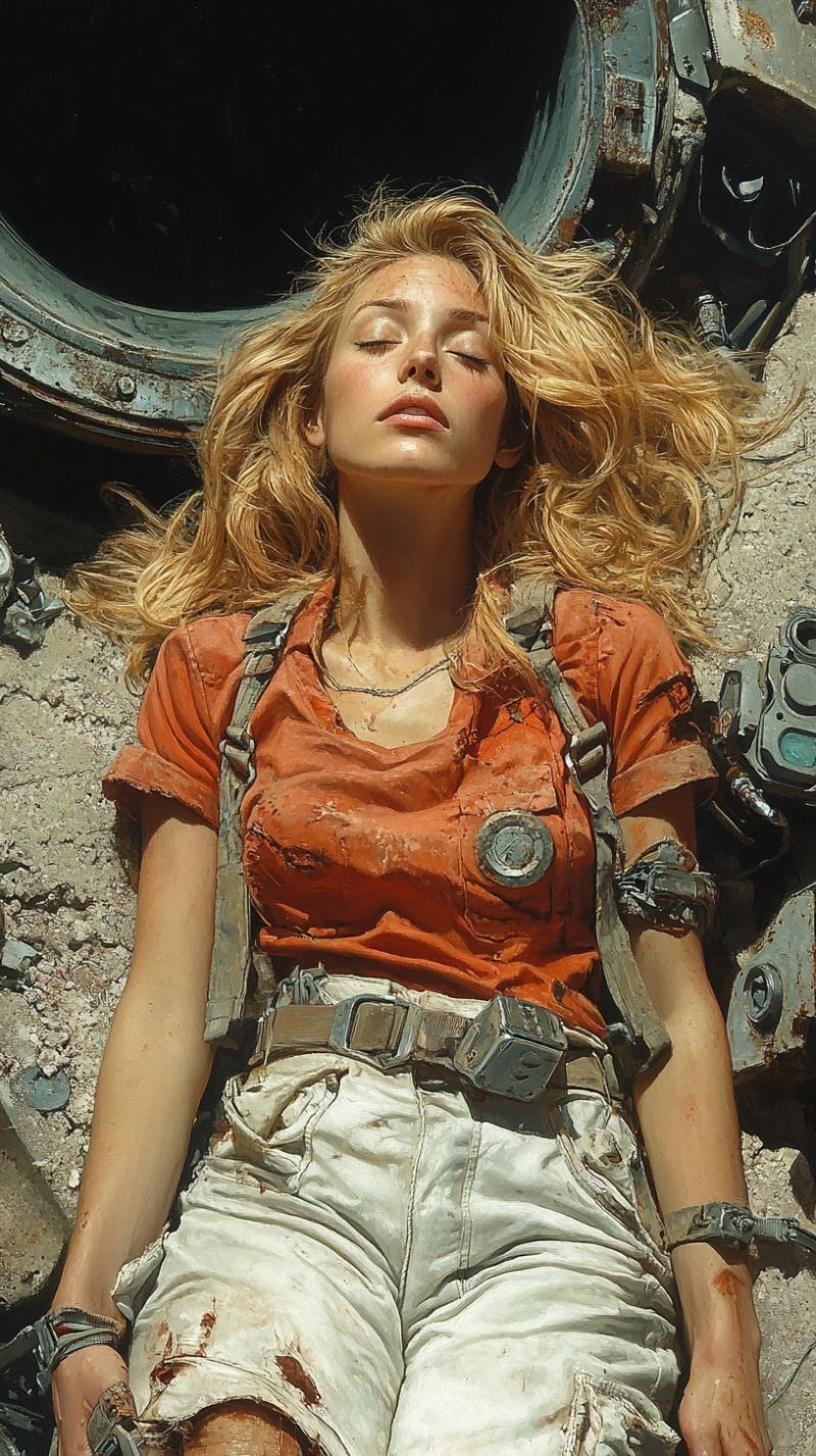 Female lead post apocalyptic setting adventure survival worn clothing suggesting action travel emotional expression likely fatigue con woman with long, wavy hair. She appears to be in her late teens or early twenties. The woman is holding a lollipop close to her lips, suggesting she might be about to take a bite from it. Her expression is somewhat playful and she's looking towards the viewer with one eye while the other is hidden by her hair. She has visible makeup, including red lipstick and what appears to be eyeshadow on her eyelids. The background of minimalistic, with a neutral, light grey tone that does not distract from the subject. There are no texts or additional objects in the background. The style of the artwork is realistic with a slight artistic flair, as indicated by the soft rendering of the hair and skin.